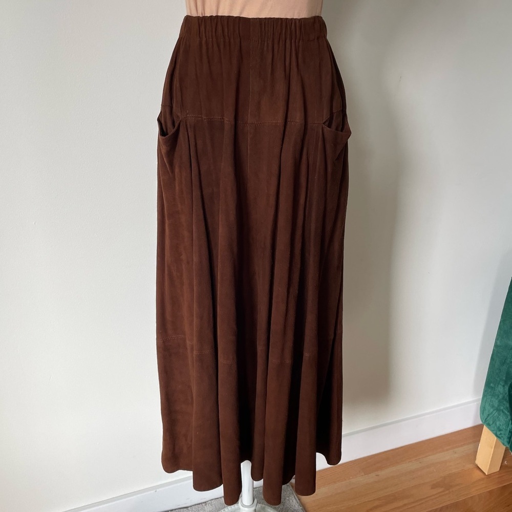 Polly Edwards for Tenderness Vintage Brown Suede Pull On Midi Skirt Pockets Sz 6